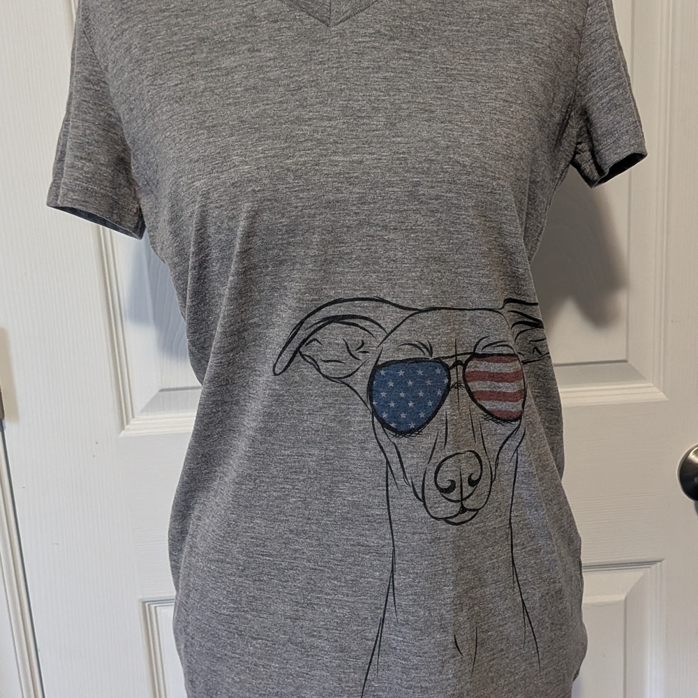 Gray V-Neck Tee with Dog Wearing American Flag Sunglasses